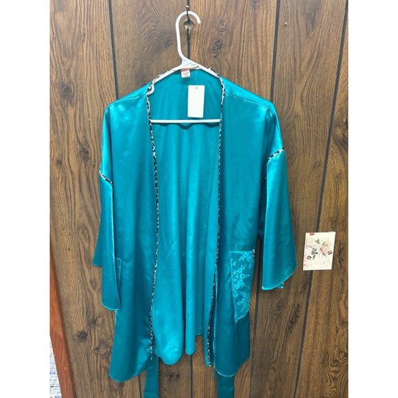 Victorias Secret Teal Silk Robe With Leopard Trim & Floral Detail S/M - Picture 1 of 3
